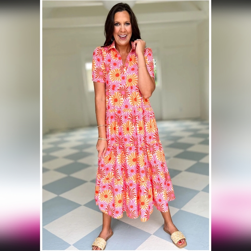 SSYS the label The Short Sleeve Emery Midi Dress in Pink Orange Daisy XL - Picture 3 of 11